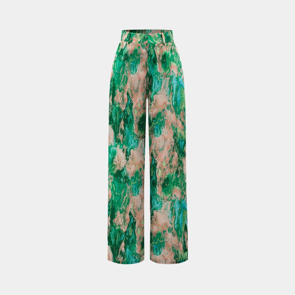 Ilina - Pantalones Rectos de Cintura Alta con Estampado de Mármol