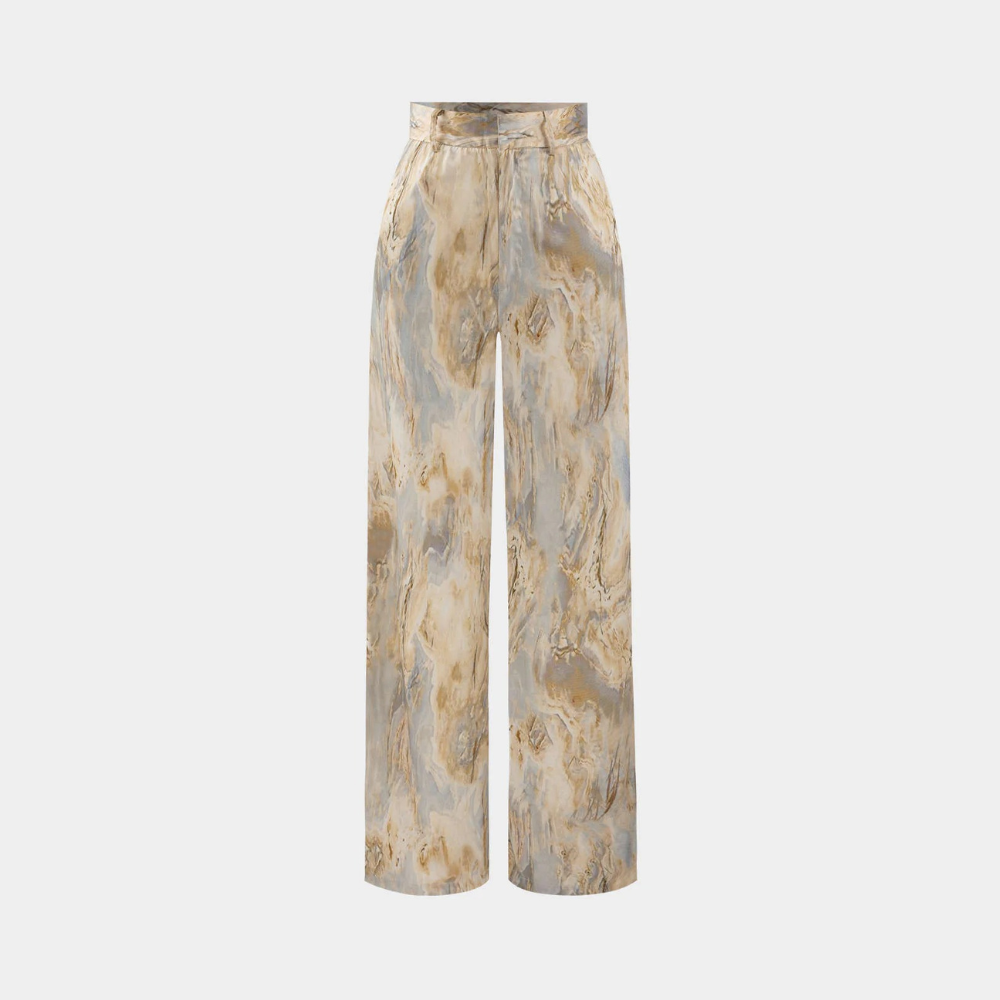 Ilina - Pantalones Rectos de Cintura Alta con Estampado de Mármol