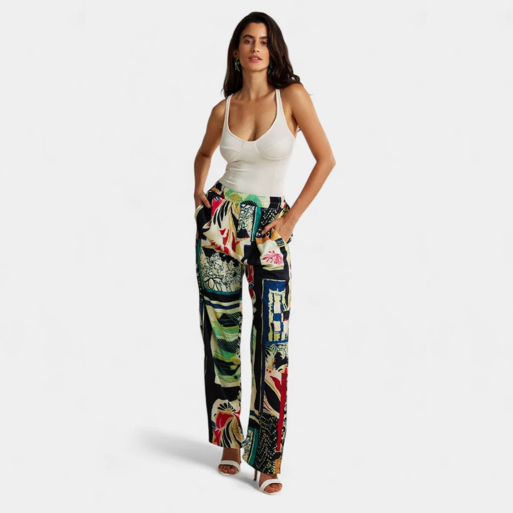 Deleire - Pantalones Rectos de Cintura Alta con Estampado Floral