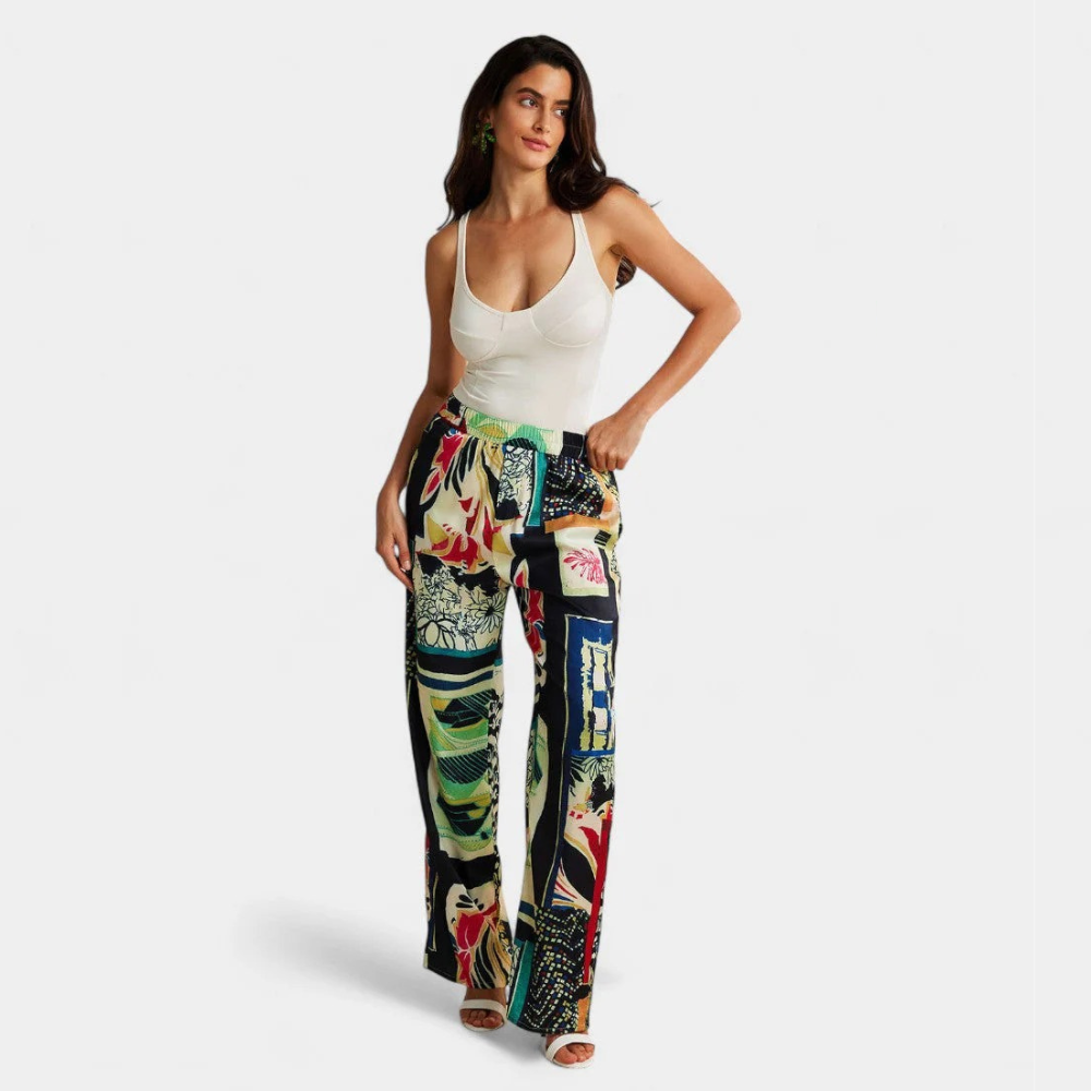 Deleire - Pantalones Rectos de Cintura Alta con Estampado Floral